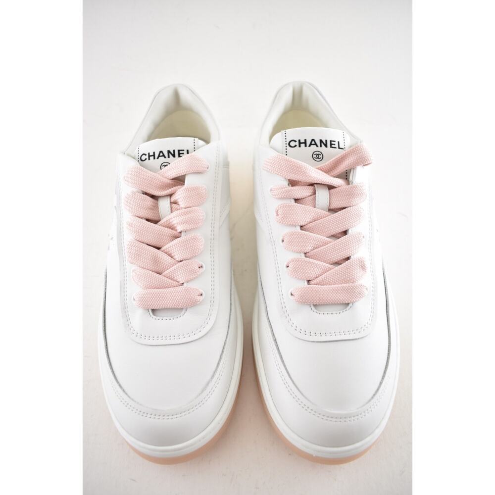 Chanel 24P White Pink Leather CC Logo Flat Lace Up Runner Trainer Sneaker 42 - Picture 9 of 15